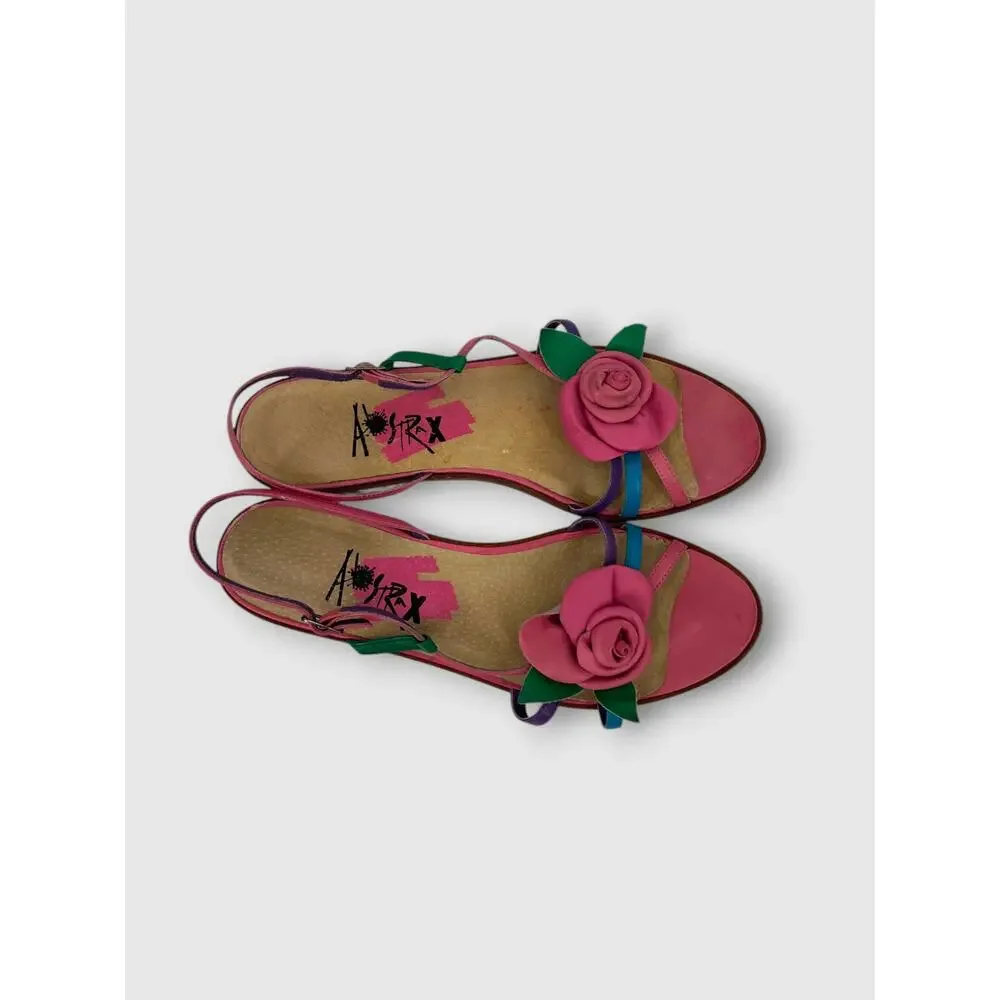 Vintage 1990s Y2k Leather Pink Rose Appliqué Flat Slingback Sandals Size 9M - Picture 1 of 7